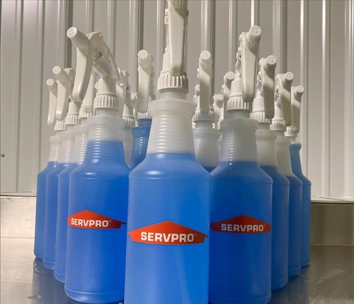 SERVPRO spray bottles filled with decontaminating chemicals ready to disinfect the next customer's home or office.